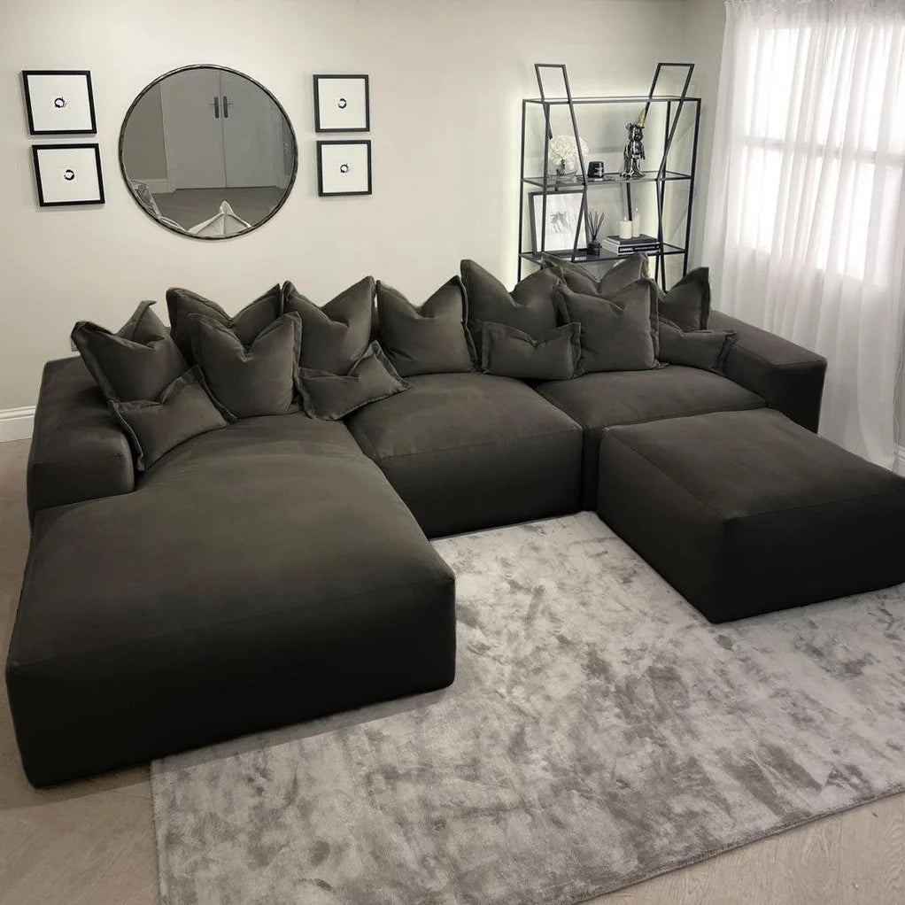 Lennox Right Hand Facing Black Velvet Pillow Back Sofa